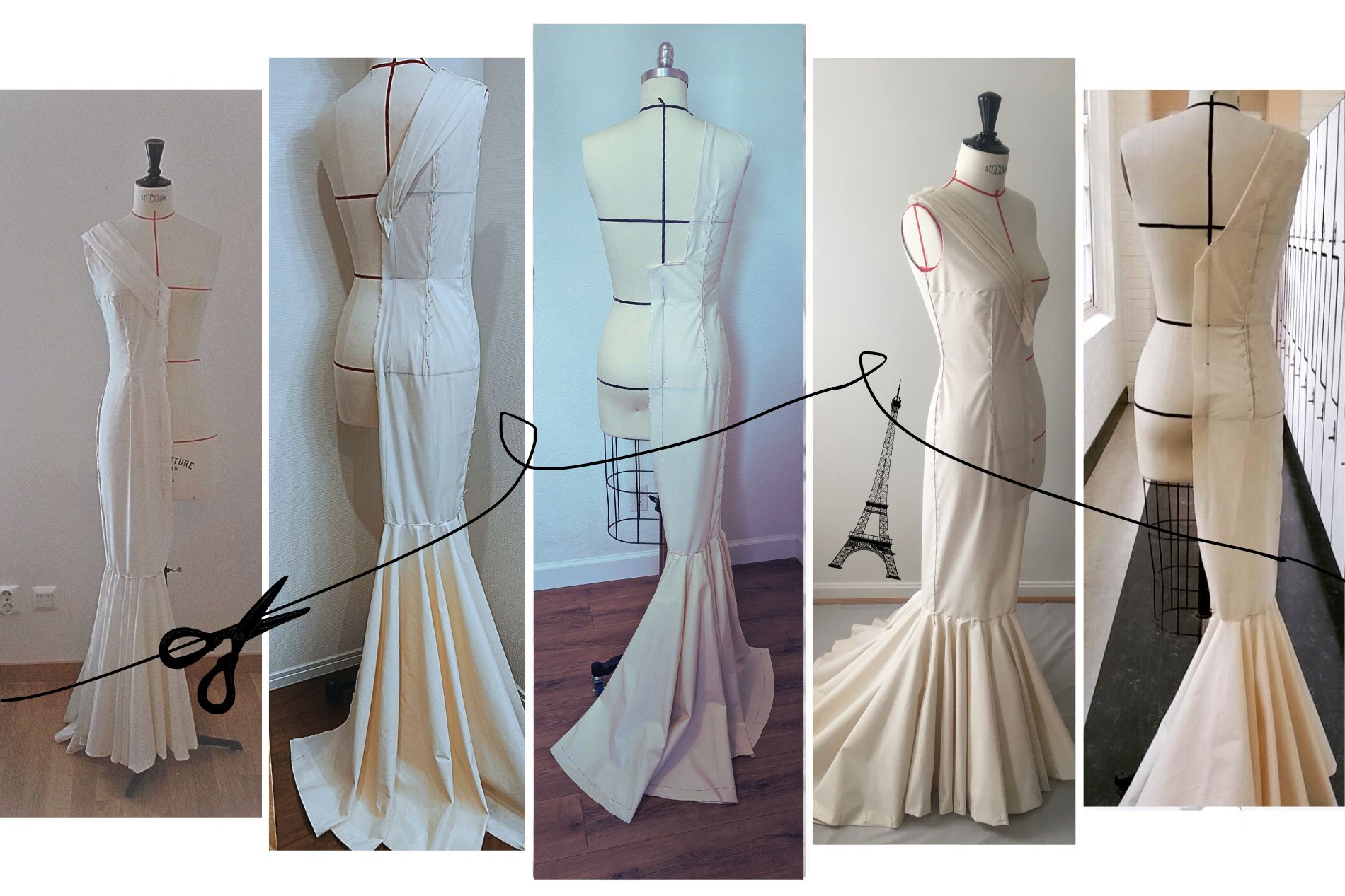 Fitted Dress with a flounce, drape and a train. French Draping Method